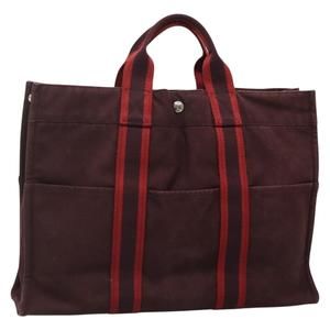 HERMES Fourre Tout MM Hand Bag Canvas Red Silver Auth 134477